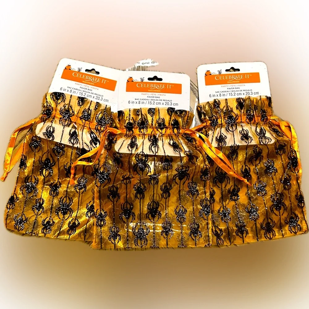 SET of 3 6x8” CELEBRATE IT ORANGE  BLACK ORGANZA SPIDER HALLOWEEN SCARY GIFT BAG